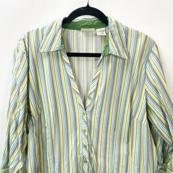2/$30 St. John's Bay 3/4 Sleeve Button Up Shirt Striped Green Women's Plus 1x - Picture 4 of 10